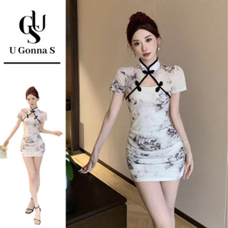 U Gonna S 連衣裙女改良旗袍現代短袖性感過膝中式領時尚優雅緊身衣 2025 彈力晚宴