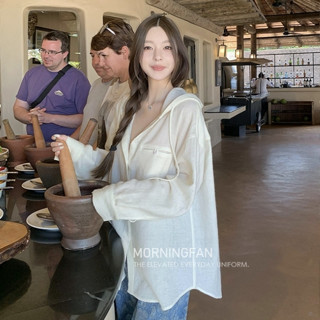 韓版街頭潮流時尚防曬連帽襯衫女裝寬鬆鬆弛感單排扣長袖杏色上衣小外套