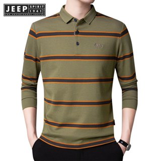 Jeep SPIRIT 1941 ESTD男士立領條紋長袖秋季款中年商務休閒polo衫