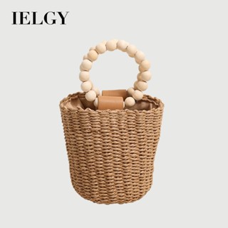 IELGY 可愛串珠手提草編水桶包 手拎草包 度假風沙灘編織包 百搭
