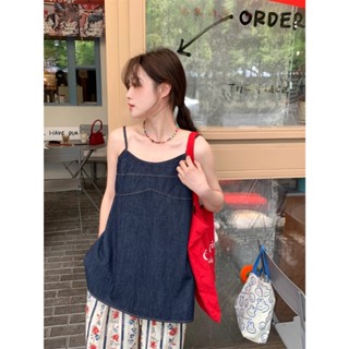 【NZN】港味復古套裝女牛仔吊帶背心上衣夏季高腰碎花休閒褲寬褲兩件套