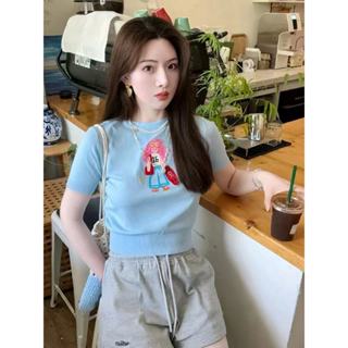 韓版街頭潮流時尚卡通刺繡藍色針織衫女裝緊身短版圓領短袖打底衫上衣