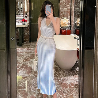 法式聚會派對性感藍色條紋吊帶長裙女裝緊身彈力高階設計V領無袖中長款魚尾洋裝