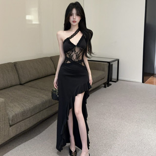 法式聚會派對性感黑色吊帶長裙女裝緊身高級設計無袖蕾絲拼接中長款緊身洋裝
