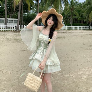 韓版旅行休閒度假時尚套裝女裝寬鬆長袖防曬小外套+緊身無袖蕾絲拼接A字洋裝兩件套
