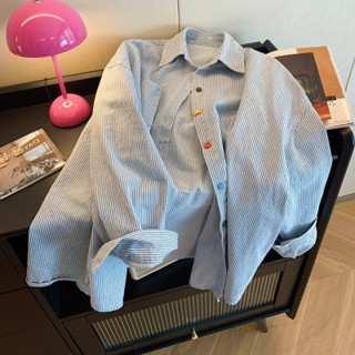 【NZN】韓版復古簡約撞色條紋襯衫寬鬆折疊領長袖上衣女