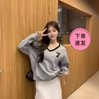 【現貨】日韓女裝 上衣 衛衣 大學T 蕾絲領 美式復古撞色長袖上衣衛衣女 蕾絲花邊拼接灰色衛衣V領 蕾絲大學t 寬鬆衛衣