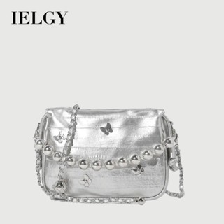 IELGY 簡約時尚水桶女包 銀色單肩斜揹包 抽繩蝴蝶鰻魚手提小方包