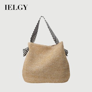IELGY 鬆弛感草編包 大容量休閒單肩水桶包 編織海邊沙灘包