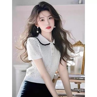 韓版甜美時尚撞色拼接翻領短袖針織上衣女裝緊身上衣