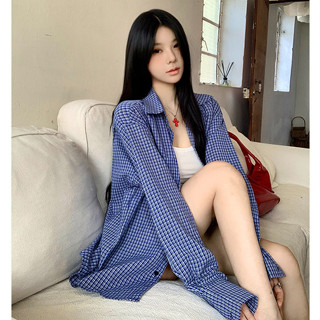 84453 復古寬鬆oversize藍色格子長袖襯衫上衣