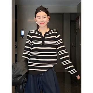 韓版街頭潮流時尚黑色條紋針織衫女裝寬鬆V領長袖上衣