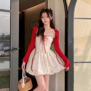 韓版旅行休閒度假時尚套裝女裝短版長袖紅色小外套+緊身碎花雪紡吊帶洋裝兩件套