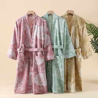日式和服袍 男女同款情侶泡湯浴袍100%純棉紗色織提花春夏秋日系和服浴袍居家睡袍 日系和服睡衣大尺碼桑拿 甚平和服