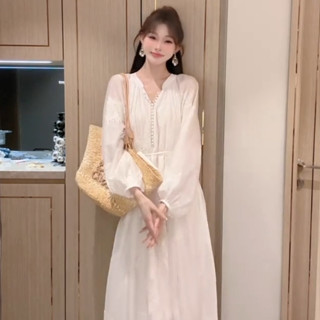 韓版街頭潮流時尚杏色長裙女裝寬鬆V領長袖刺繡中長款A字洋裝