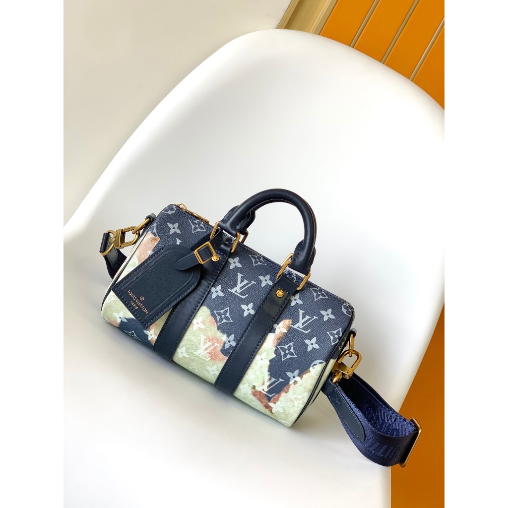 LV`男包Keepall 25火焰圖案帆佈手提包單肩斜挎包真皮新款