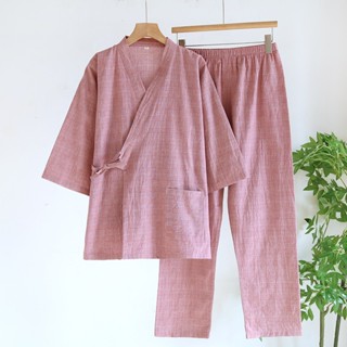 【現貨】情侶100%全棉無印風日系男女和服睡衣七分袖長褲和服睡衣家居服套裝薄款寬鬆 汗蒸服 泡湯 甚平和服男生浴袍