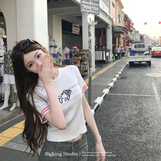 韓版街頭潮流時尚杏色針織上衣女裝緊身彈力金魚刺繡圓領短袖打底衫