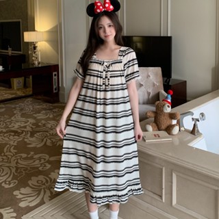 短袖睡衣女 自帶胸墊 bra 夏季新款 冰絲布 居家服 短袖睡衣裙 韓版條紋卡通 寬鬆 家居服 連身睡裙 夏天睡衣