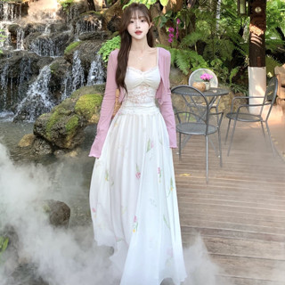 韓版旅行休閒度假套裝女裝長袖防曬小外套+吊帶背心+高腰刺繡印花中長款A字半身裙三件式