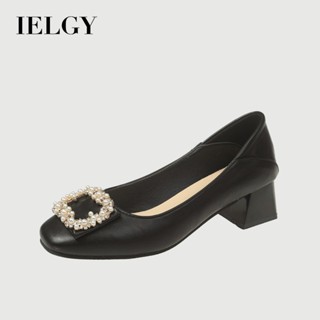 IELGY 粗跟方頭高跟鞋女款珍珠方扣