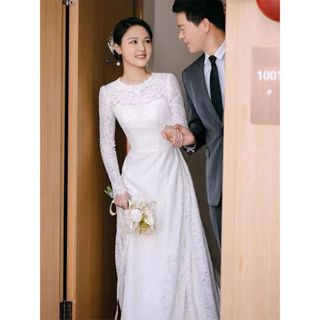 法式蕾絲長袖婚紗 新款新娘白色蕾絲輕婚紗 大氣簡約高階感長洋裝 登記結婚小拖尾禮服 自助婚紗顯瘦蕾絲婚紗