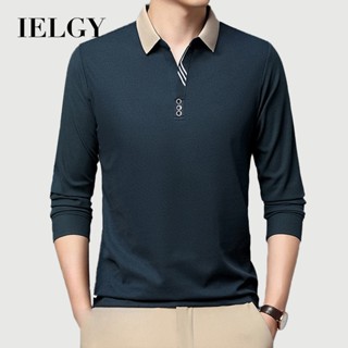 IELGY 男士長袖t恤polo衫春秋商務休閒寬鬆翻領打底衫上衣