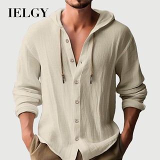 IELGY 新款春夏男士連帽t恤純色棉麻男士休閒長袖上衣