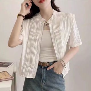 女式立領全拉鍊襯衫休閒工作短袖百褶襯衫夏季通勤上衣