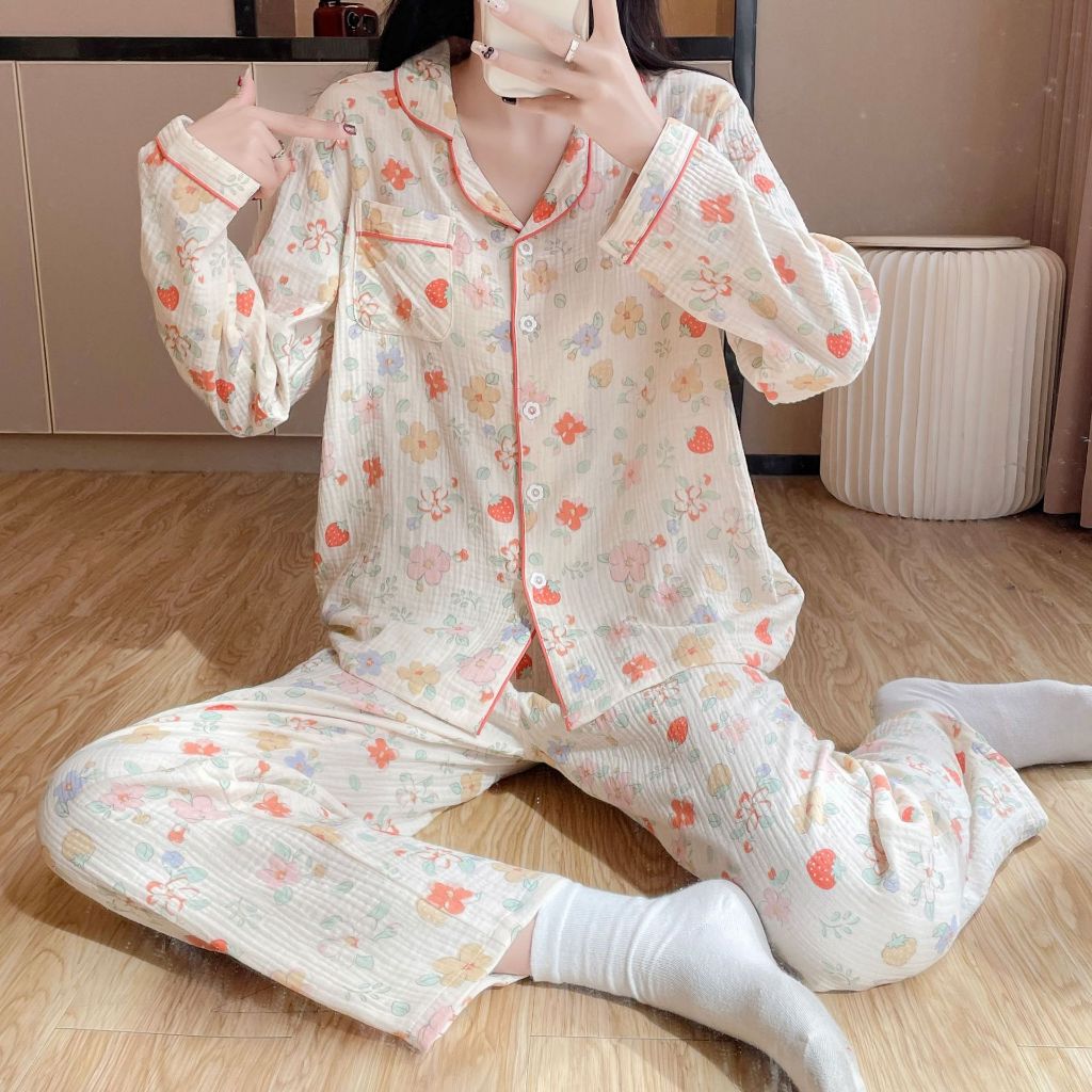 【現貨】春夏長袖薄睡衣女士 100%全棉女睡衣居家服套裝泡泡紗翻領純棉長袖長褲女生睡衣甜美休閒小碎花寬鬆家居服