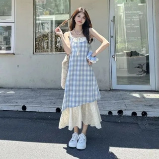 【NZN】韓版蕾絲拼接格子吊帶裙夏季新款寬鬆假兩件套長裙