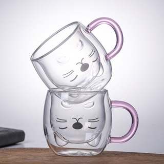 禮品杯 雙層杯 玻璃杯 卡通貓咪杯 馬克杯 咖啡杯 耐熱玻璃 隔熱 帶把 250ml