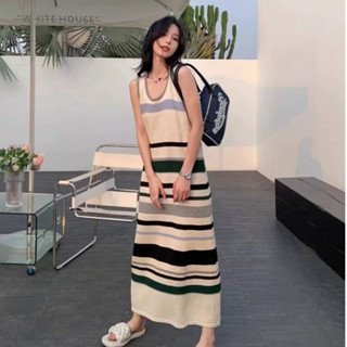 韓版街頭潮流時尚條紋針織長裙女裝寬鬆圓領無袖中長款A字洋裝