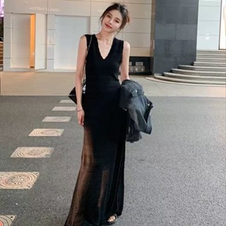 韓版街頭潮流時尚針織長裙女裝緊身V領無袖中長款緊身洋裝
