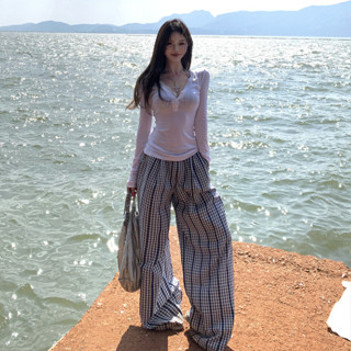 韓版旅行海邊度假性感套裝女裝寬鬆白色長袖防曬T恤+吊帶背心+高腰條紋闊腿長褲三件式