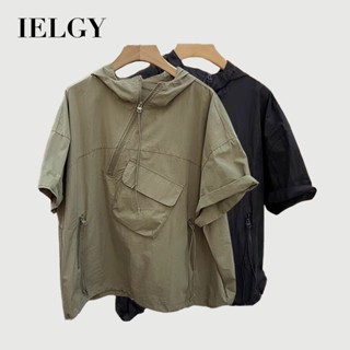 IELGY 拉鍊連帽 T 恤男士夏季工作服口袋寬鬆上衣