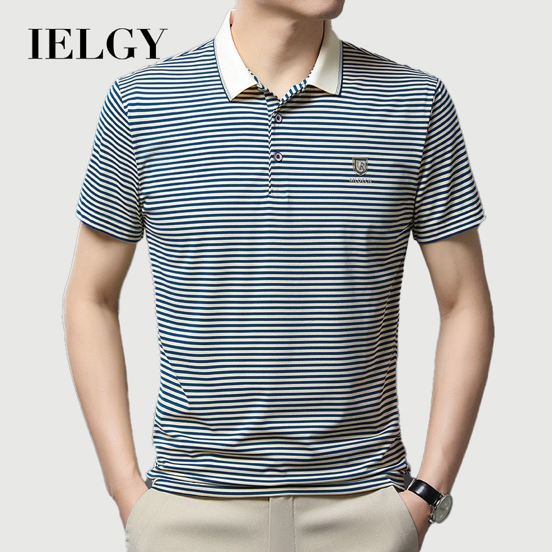 IELGY 純棉條紋 Polo 衫男士夏季 T 恤夏季休閒刺繡上衣