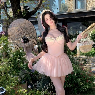 韓版旅行休閒度假粉色套裝女裝緊身蕾絲拼接吊帶背心+高腰中長款A字半身裙兩件套