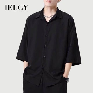 IELGY 男士薄款黑色冰絲襯衫寬鬆休閒polo領