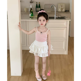 女童吊帶韓版童裝2025春夏新款蝴蝶結蕾絲邊吊帶背心辣妹甜美上衣內搭無袖打底衣+女童裙子韓版蛋糕裙甜美公主A字裙可愛雙層