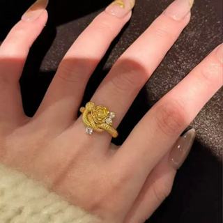 法式金色玫瑰花靈蛇戒指復古花朵宮廷風開口食指戒指環