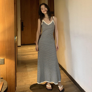 韓版街頭潮流性感條紋針織吊帶長裙女裝緊身無袖中長款A字洋裝