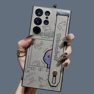 SAMSUNG 灰色卡通口袋妖怪皮卡丘皮革手機套帶帶,防震保護手機殼,適用於三星 S25U S25 S24Ultra S