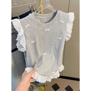 【NZN】韓國時尚女士撞色拼接蝴蝶結蕾絲t恤女2025夏季無袖上衣