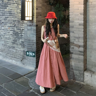 85585 單排扣格子寬鬆無袖洋裝