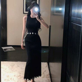 韓版聚會派對黑色時尚套裝女裝緊身圓領無袖上衣+高腰立體花裝飾中長款魚尾半身裙兩件套
