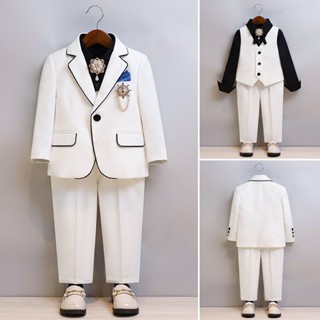 4 件套男孩西裝燕尾服西裝外套褲子背心領結套裝兒童正式西裝適合婚禮派對禮服 2-14 歲