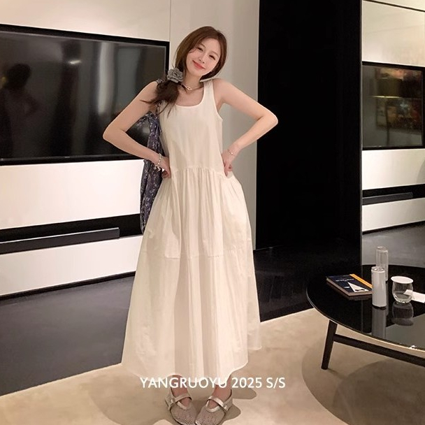 韓版旅行度假休閒杏色雪紡長裙女裝寬鬆圓領無袖中長款A字洋裝