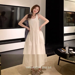 韓版旅行度假休閒杏色雪紡長裙女裝寬鬆圓領無袖中長款A字洋裝