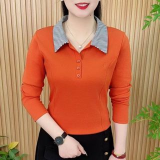 超大號女式襯衫長袖 Wanita Baju 拼接 Polo 領 V 領上衣襯衫寬鬆長襯衫夏季純色上衣大碼加大碼 #356